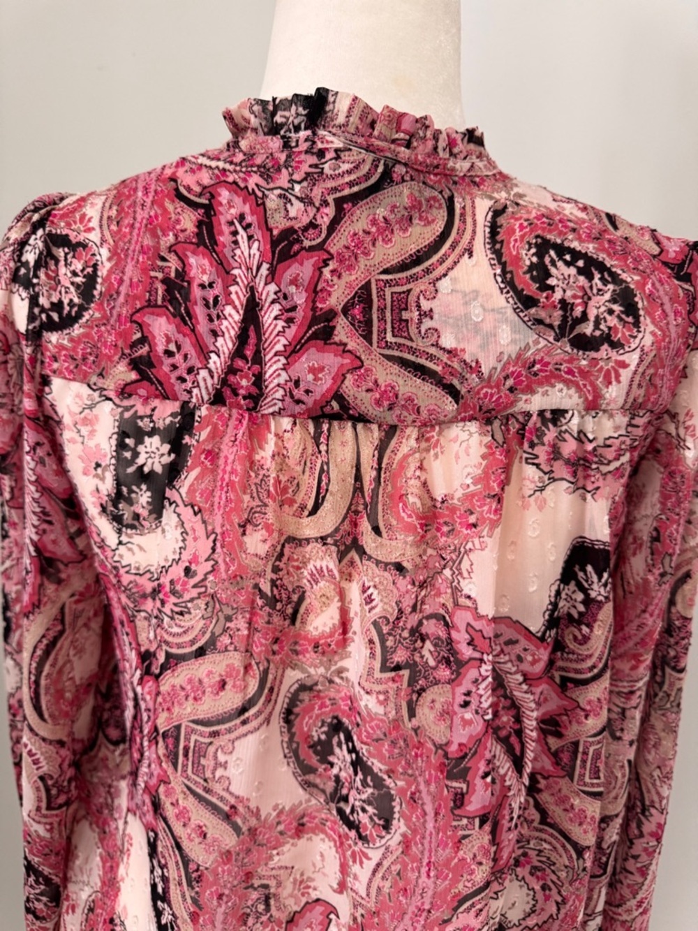Pink Paisley Sheer Flowy Blouse Tie-Neck Long Sleeve Ruffle Trim Sz S - Picture 9 of 15